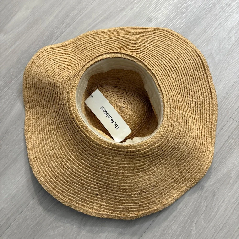 Woven Straw Hat Women Wide Brim Tan with Black Ribbon Bow Accent Summer Beach